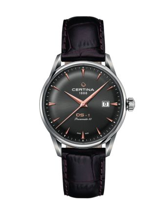Certina DS-1 Powermatic 80 C029.807.16.081.01 harmaalla taululla, valkoisella taustalla edestä