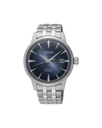 Seiko Presage Cocktail Time SRPB41J1 sinisellä taululla, valkoisella taustalla edestä