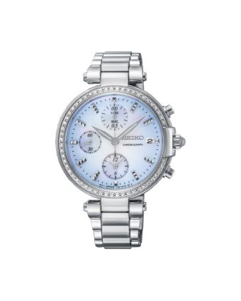 Seiko kronografi SNDV39P1 helmiäisellä taululla, valkoisella taustalla edestä