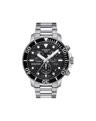 Tissot Seastar 1000 Chronograph T120.417.11.051.00 mustalla taululla, valkoisella taustalla edestä