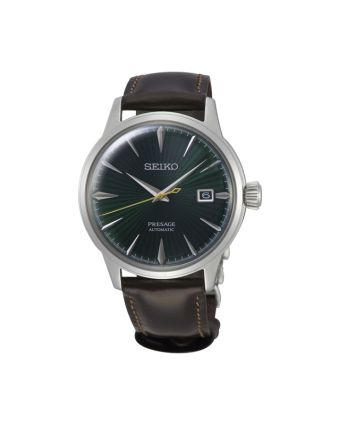 Seiko Presage Cocktail Time SRPD37J1 vihreällä taululla, valkoisella taustalla edestä