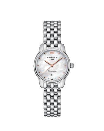 Certina DS-8 Lady 27mm C033.051.11.118.01 helmiäisellä taululla, valkoisella taustalla edestä
