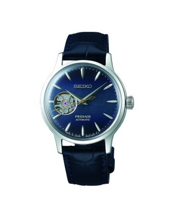 Seiko Presage Cocktail Time SSA785J1 sinisellä taululla, valkoisella taustalla edestä