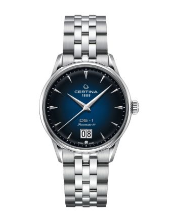 Certina DS-1 Big Date Powermatic 80 C029.426.11.041.00 sinisellä taululla, valkoisella taustalla edestä