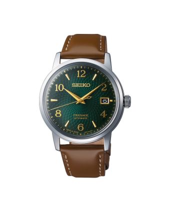 Seiko Presage Cocktail Time SRPE45J1 vihreällä taululla, valkoisella taustalla edestä