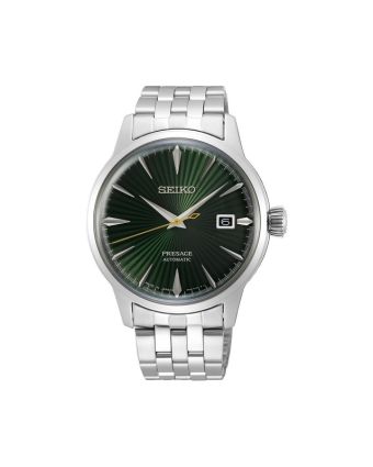 Seiko Presage Cocktail Time SRPE15J1 vihreällä taululla, valkoisella taustalla edestä