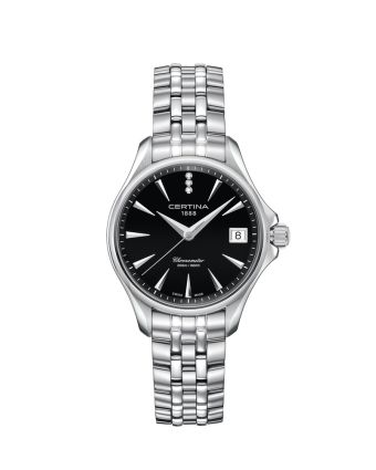 Certina DS Action Lady Diamonds C032.051.11.056.00 mustalla taululla, valkoisella taustalla edestä