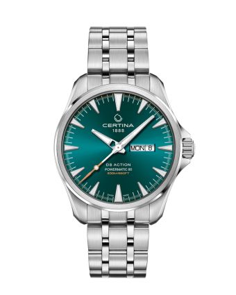 Certina DS Action Day Date Powermatic 80 C032.430.11.091.00 vihreällä taululla, valkoisella taustalla edestä