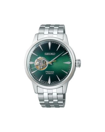 Seiko Presage Cocktail Time SSA441J1 vihreällä taululla, valkoisella taustalla edestä