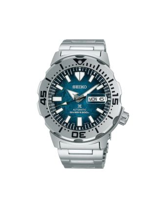 Seiko Prospex Sea SRPH75K1 sinisellä taululla, valkoisella taustalla edestä