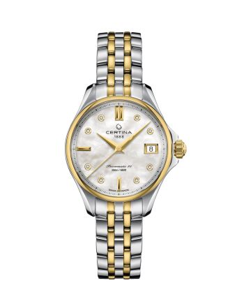 Certina DS Action Lady Powermatic 80 C032.207.22.116.00 helmiäisellä taululla, valkoisella taustalla edestä