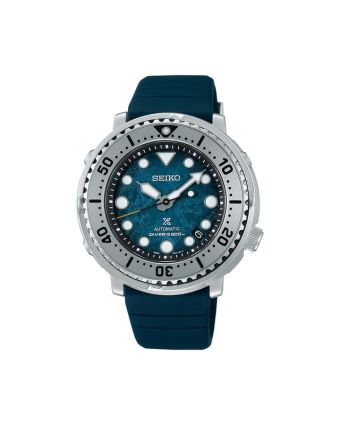 Seiko Prospex Sea SRPH77K1 turkoosilla taululla, valkoisella taustalla edestä