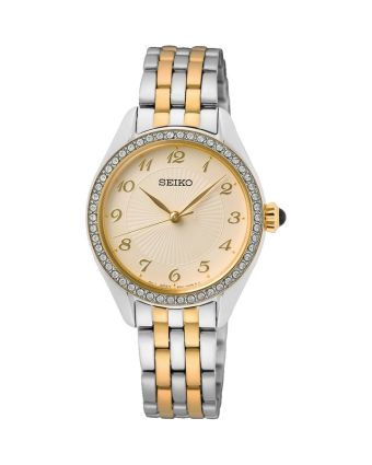Seiko naisten kvartsikello SUR480P1 samppanjanvärisellä taululla, valkoisella taustalla edestä