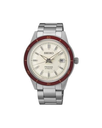 Seiko Presage Style60's SRPH93J1 norsunluunvalkoisella taululla, valkoisella taustalla edestä