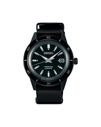 Seiko Presage Style60's SRPH95J1 mustalla taululla, valkoisella taustalla edestä
