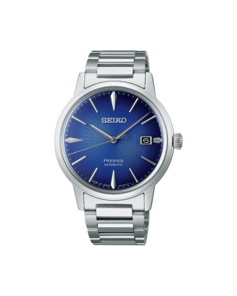 Seiko Presage Cocktail Time SRPJ13J1 sinisellä liukuvärjätyllä taululla, valkoisella taustalla edestä