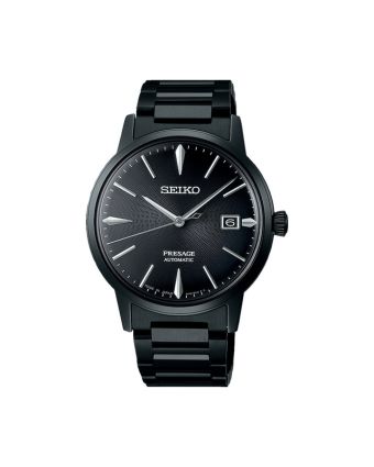 Seiko Presage Cocktail Time SRPJ15J1 mustalla taululla, valkoisella taustalla edestä