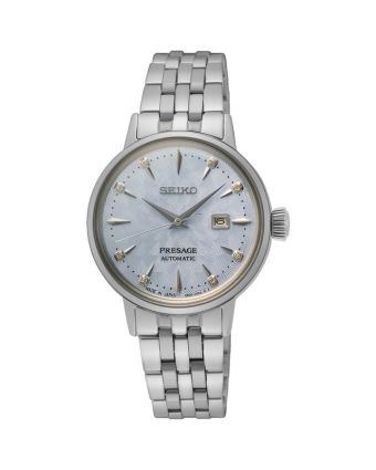 Seiko Presage Cocktail Time SRE007J1 vaaleansinisellä taululla, valkoisella taustalla edestä