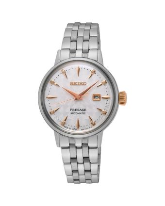 Seiko Presage Cocktail Time SRE009J1 valkoisella taululla, valkoisella taustalla edestä