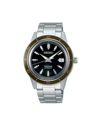 Seiko Presage Style60's SRPG07J1 mustalla taululla, valkoisella taustalla edestä
