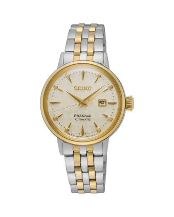 Seiko Presage Cocktail Time SRE010J1 samppanjanvärisellä taululla, valkoisella taustalla edestä