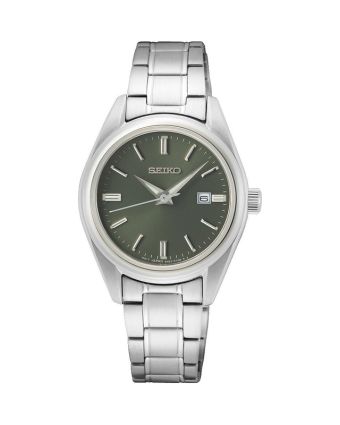 Seiko naisten kvartsikello SUR533P1 vihreällä taululla, valkoisella taustalla edestä