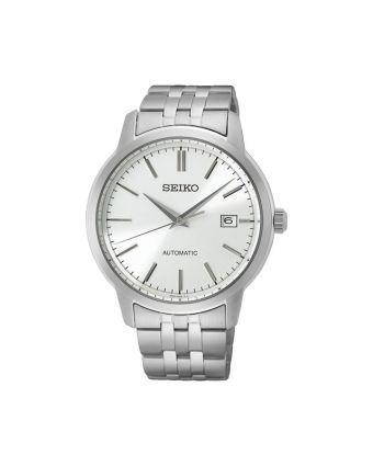 Seiko Automaatti SRPH85K1 hopeisella taululla, valkoisella taustalla edestä