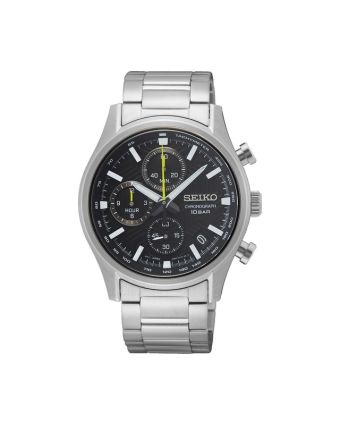 Seiko kronografi SSB419P1 mustalla taululla, valkoisella taustalla edestä