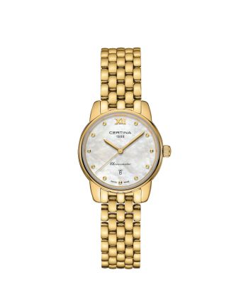 Certina DS-8 Lady 27mm C033.051.33.118.00 helmiäisellä taululla, valkoisella taustalla edestä