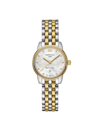 Certina DS-8 Lady 27mm C033.051.22.118.01 helmiäisellä taululla, valkoisella taustalla edestä
