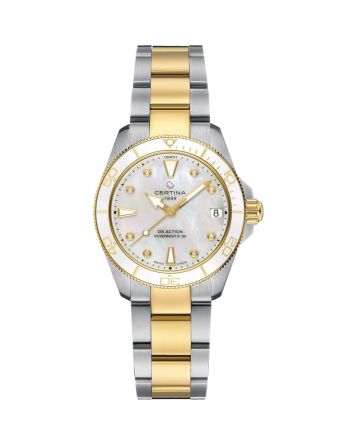 Certina DS Action 34.5mm Powermatic 80 C032.007.22.116.00 helmiäisellä taululla, valkoisella taustalla edestä