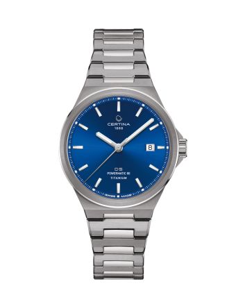 Certina DS-7 Powermatic 80 C043.407.44.041.00 sinisellä taululla, valkoisella taustalla edestä