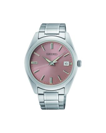 Seiko kvartsikello SUR523P1 vaaleanpunaisella taululla, valkoisella taustalla edestä