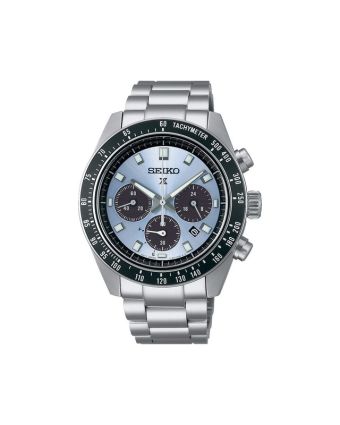 Seiko Prospex Speedtimer SSC935P1 vaaleansinisellä taululla, valkoisella taustalla edestä