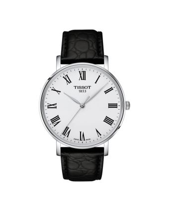 Tissot Everytime T143.410.16.033.00 hopeanvärisellä taululla, valkoisella taustalla edestä
