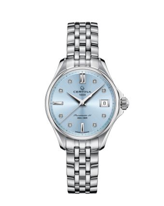 Certina DS Action Lady Powermatic 80 C032.207.11.046.00 sinisellä taululla, valkoisella taustalla edestä