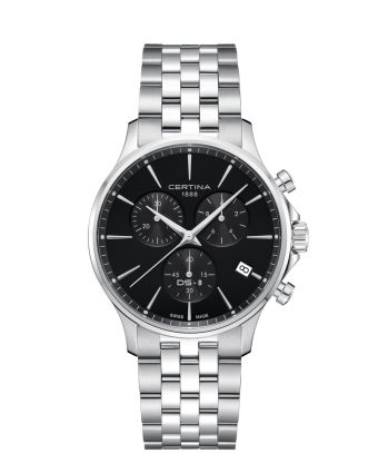 Certina DS-8 Chrono C045.417.11.051.00 mustalla taululla, valkoisella taustalla edestä
