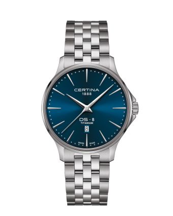 Certina DS-8 Gent 40mm C045.410.44.041.00 sinisellä taululla, valkoisella taustalla edestä