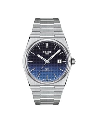 Tissot PRX Powermatic 80 T137.407.11.051.01 sinisellä taululla, valkoisella taustalla edestä