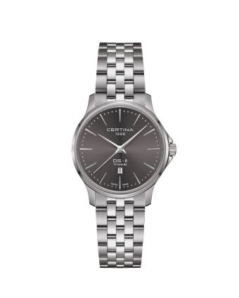 Certina DS-8 Lady 31mm C045.010.44.081.00 harmaalla taululla, valkoisella taustalla edestä