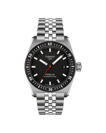 Tissot PR516 Powermatic 80 T149.407.11.051.00 mustalla taululla, valkoisella taustalla edestä