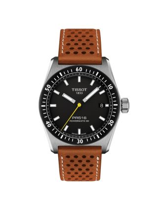 Tissot PR516 Powermatic 80 T149.407.16.051.00 mustalla taululla, valkoisella taustalla edestä