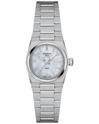 Tissot PRX T137.010.11.111.00 valkoisella helmiäistaululla, valkoisella taustalla edestä