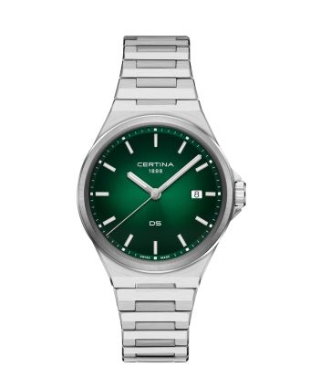 Certina DS-7 Quartz C043.410.11.091.00 vihre&auml;ll&auml; taululla, valkoisella taustalla edest&auml;