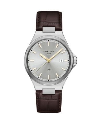 Certina DS-7 Quartz C043.410.16.031.00 hopeisella taululla, valkoisella taustalla edestä