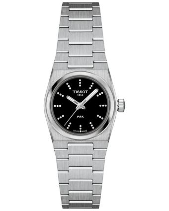 Tissot PRX T137.010.11.056.00 mustalla taululla, valkoisella taustalla edestä