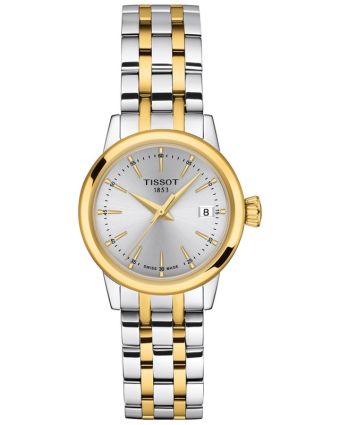 Tissot Classic Dream T129.210.22.031.00 hopeanvärisellä taululla, valkoisella taustalla edestä