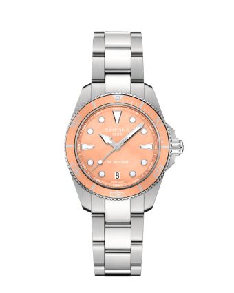 Certina DS Action 34.5mm C048.210.11.381.00 helmiäisellä taululla, valkoisella taustalla edestä