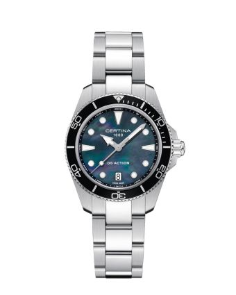 Certina DS Action 34.5mm C048.210.11.121.00 helmiäisellä taululla, valkoisella taustalla edestä