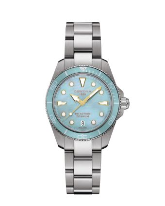 Certina DS Action 34.5mm C048.210.44.131.00 helmiäisellä taululla, valkoisella taustalla edestä
